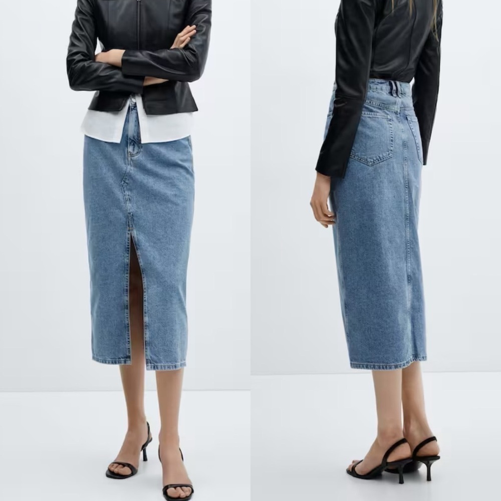 Mango Denim Front Slit 5 Pocket Midi Skirt, Light Wash, Size XL, NWT